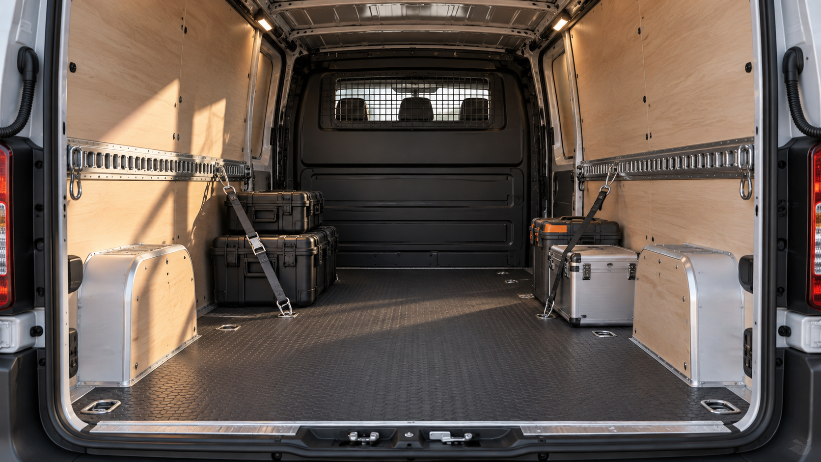 Utilitaire Pro Essentiel : parois habillées de bois, plancher antidérapant, rails d’arrimage et cloison de cabine, portes arrière ouvertes