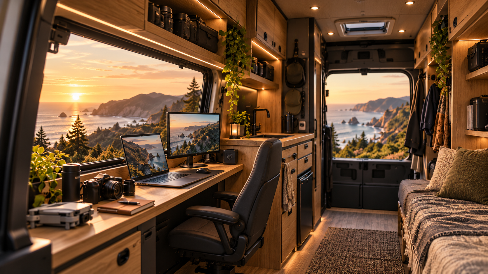 Fourgon aménagé en bureau nomade : long plan de travail en bois avec ordinateur et écran, kitchenette et banquette, portes arrière ouvertes sur un coucher de soleil au bord de l’océan